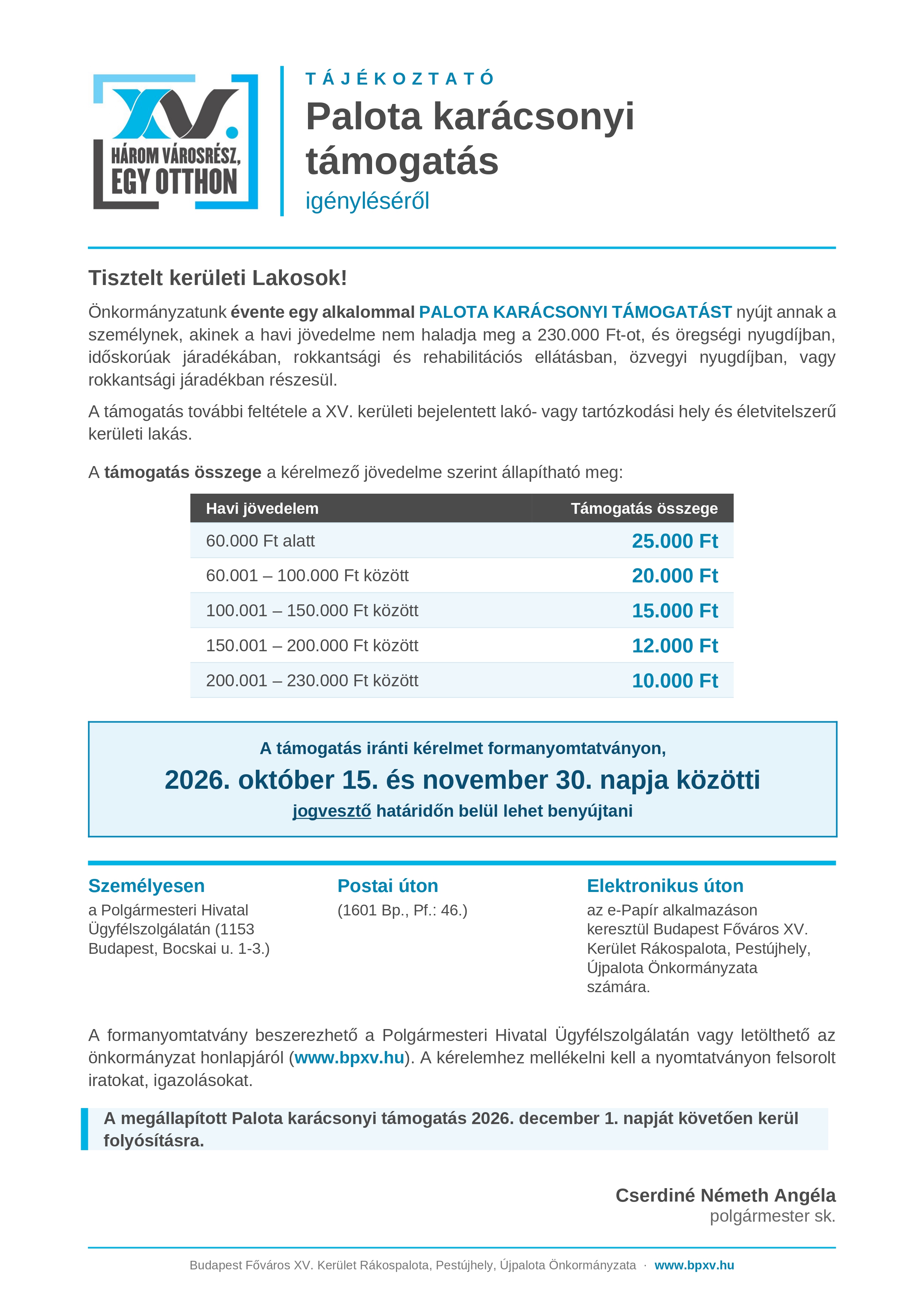 Tájékoztató a Palota karácsonyi támogatásról