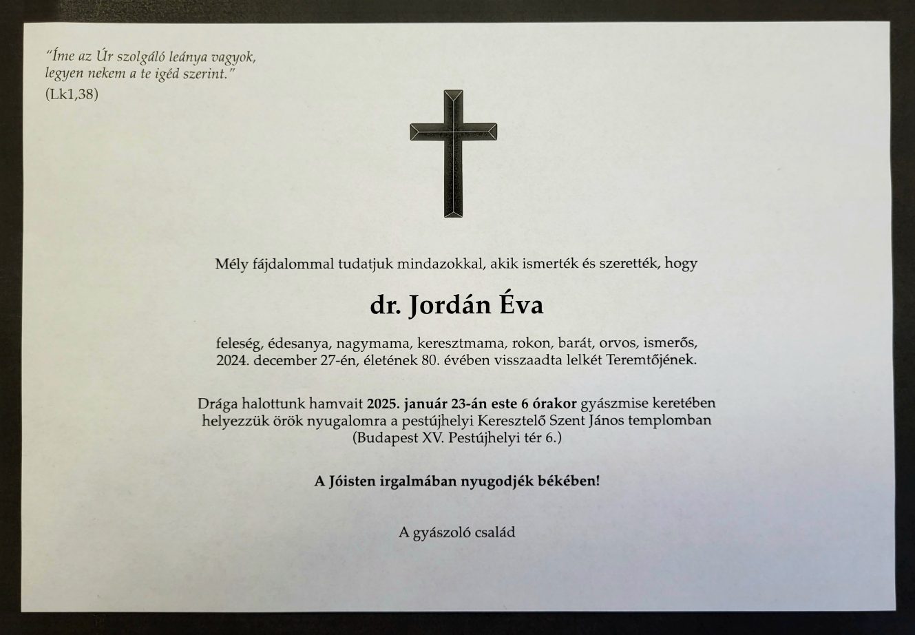 Dr. Jordán Éva gyászjelentése