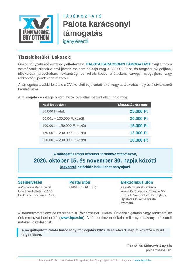 Tájékoztató a Palota karácsonyi támogatásról